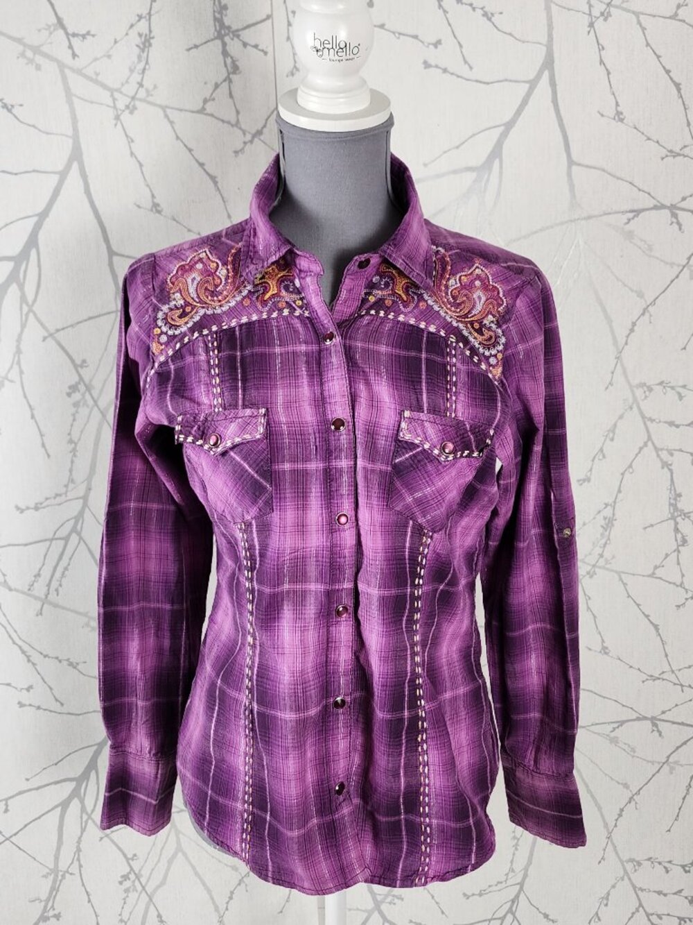 Panhandle Slim Purple Plaid Embroidered Western Blouse
